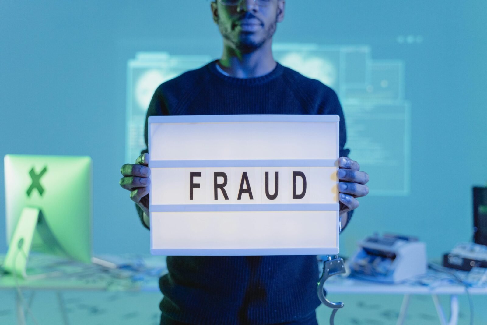 A man holding a sign reading 'FRAUD' in a tech environment, highlighting cybersecurity concerns.